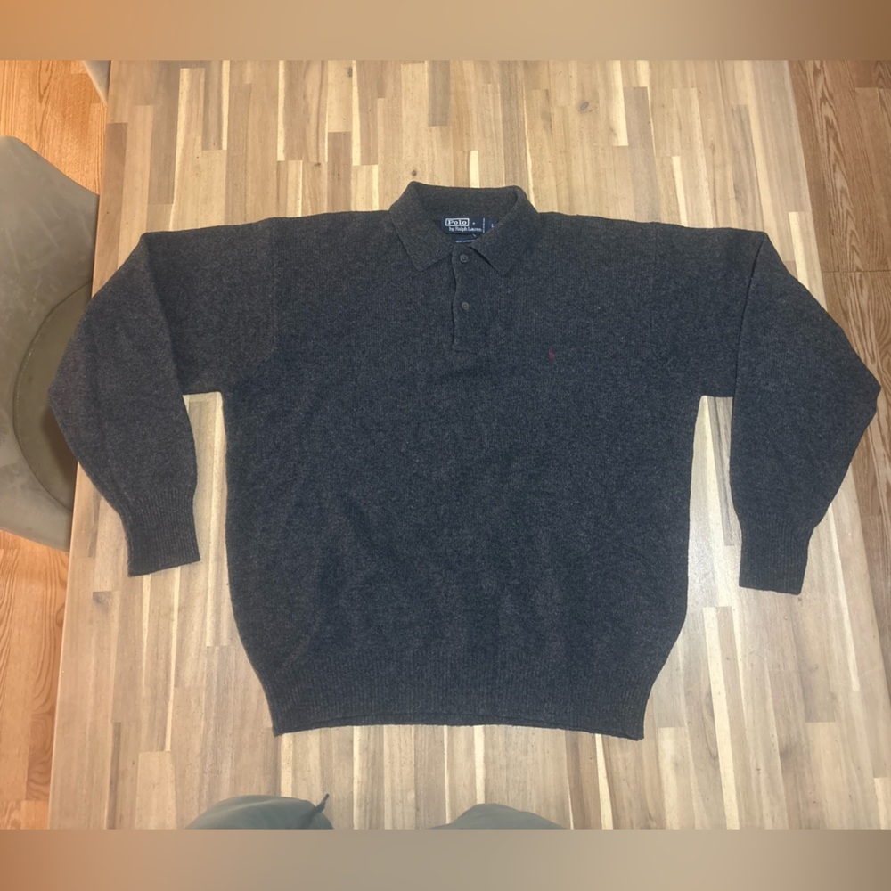 VTG Polo Ralph Lauren Lambswool Sweater Mens Large Slim Gray Collared 90s HOLE